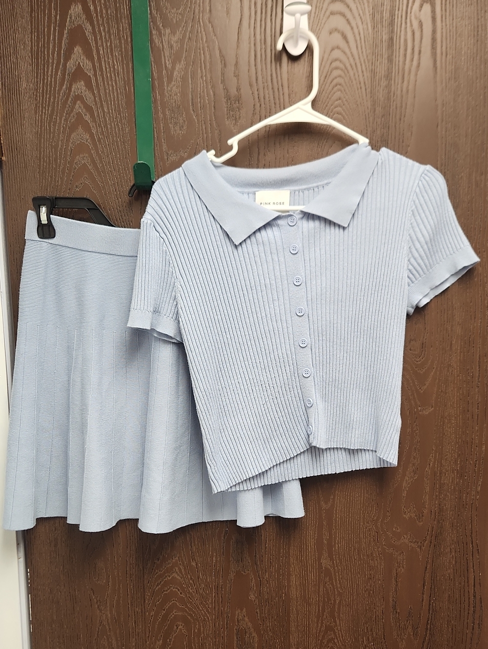 Light Blue Ribbed Button Polo Top & Skirt Set